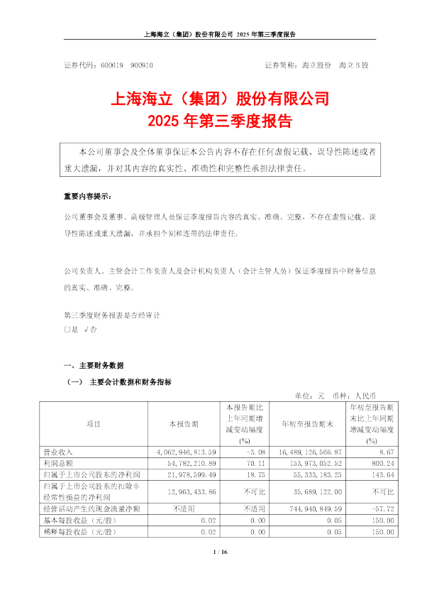 海立股份:海立股份2025年第三季度报告