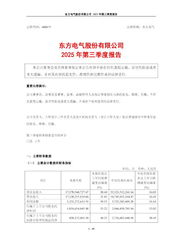 东方电气：东方电气2025年第三季度报告