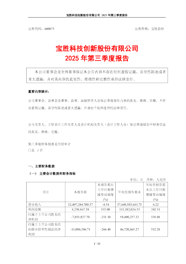 宝胜股份：宝胜股份：2025年第三季度报告