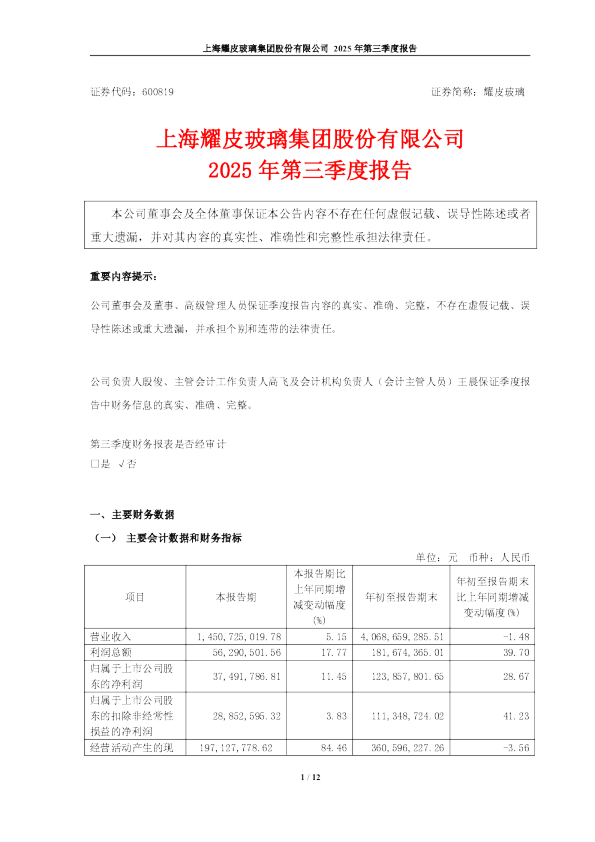 耀皮玻璃：耀皮玻璃2025年三季度报告