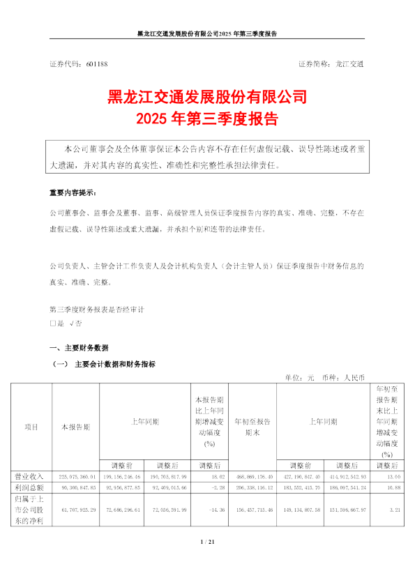 龙江交通：2025年第三季度报告