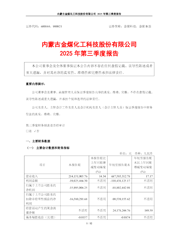金煤科技：2025年第三季度报告