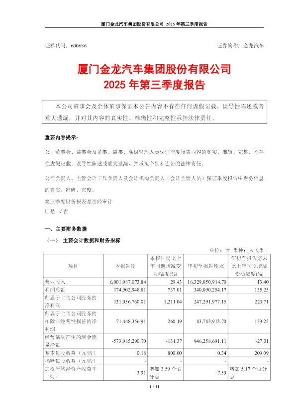 金龙汽车：金龙汽车2025年第三季度报告