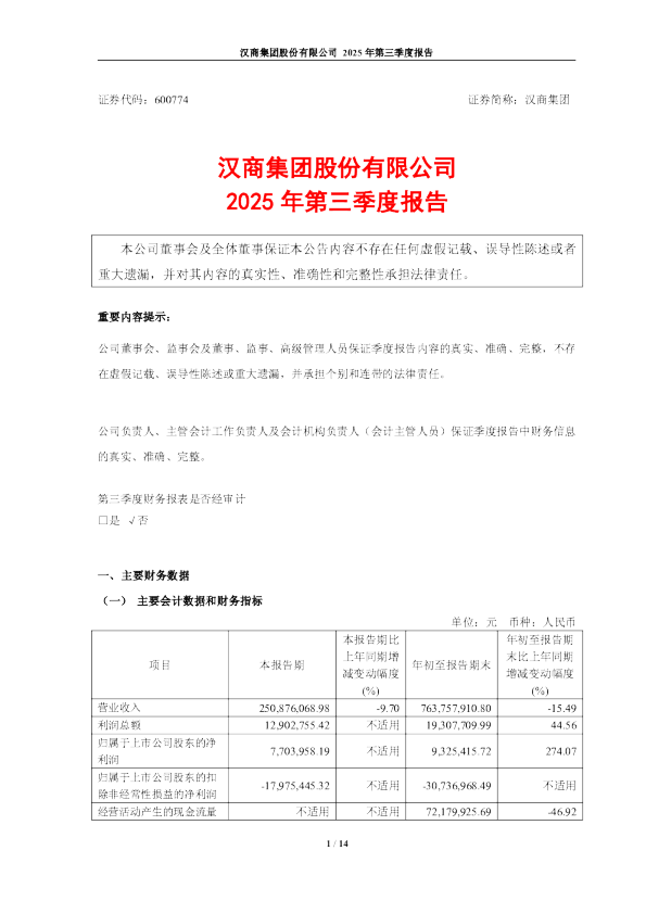 汉商集团：汉商集团2025年第三季度报告