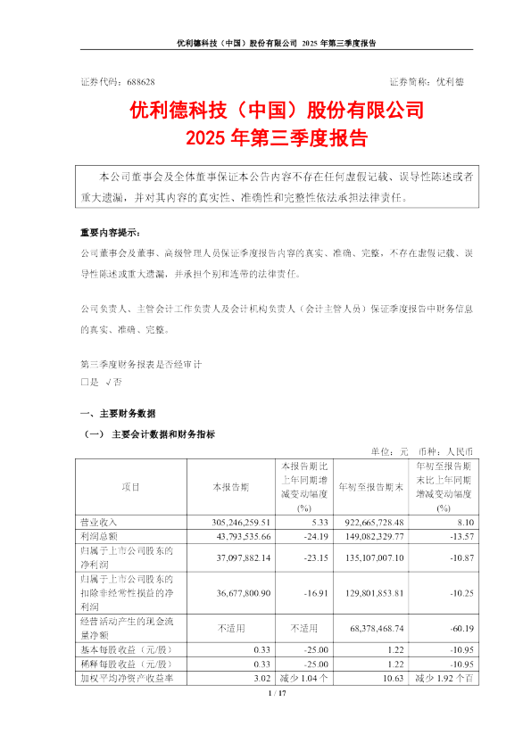 优利德：2025年第三季度报告