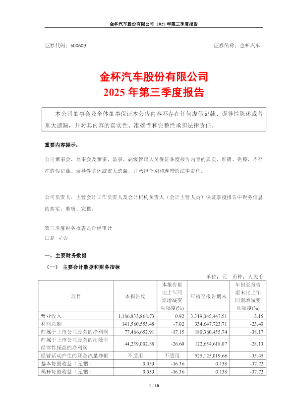 金杯汽车:金杯汽车2025年第三季度报告