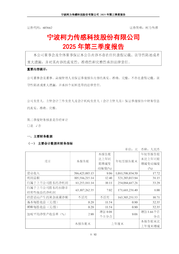 柯力传感:柯力传感2025年第三季度报告