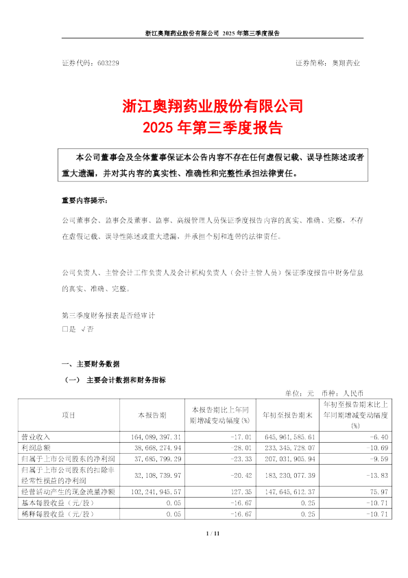 奥翔药业:奥翔药业2025年第三季度报告