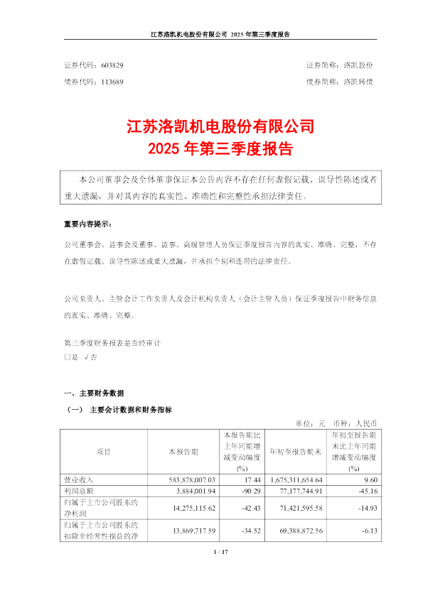 洛凯股份：洛凯股份：2025年第三季度报告
