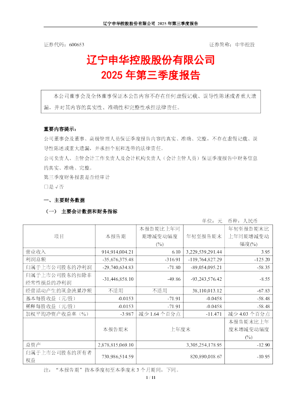 申华控股:申华控股2025年第三季度报告