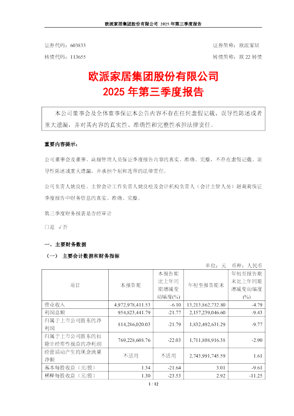 欧派家居：欧派家居集团股份有限公司2025年第三季度报告