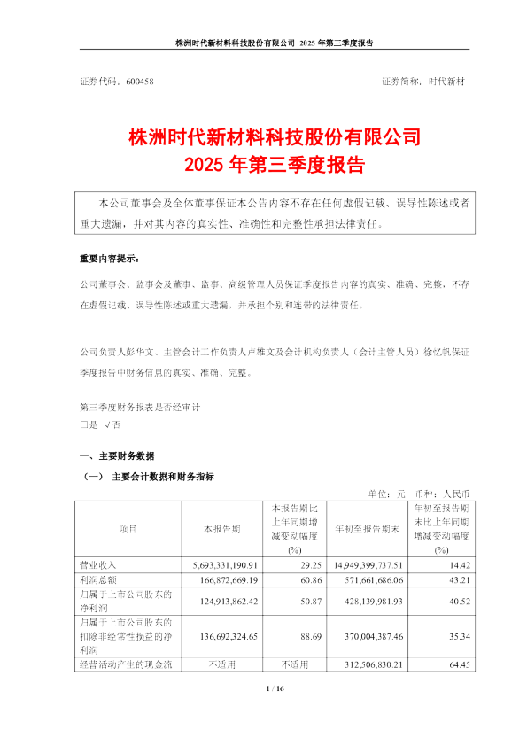 时代新材：2025年第三季度报告