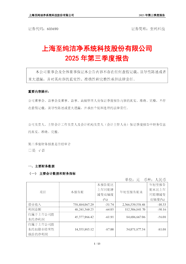 至纯科技：2025年第三季度报告
