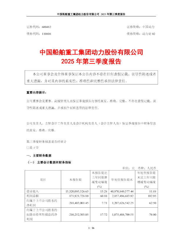 中国动力：中国动力2025年第三季度报告