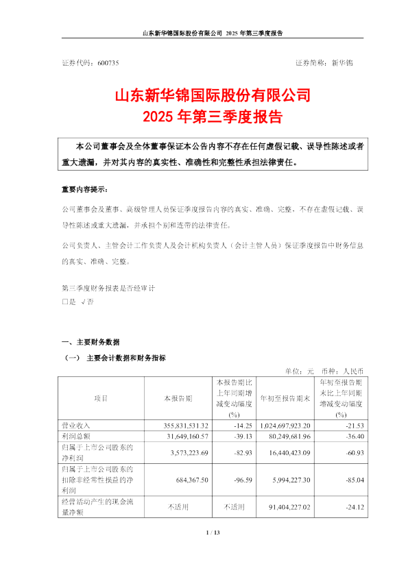 ST新华锦：新华锦2025年第三季度报告