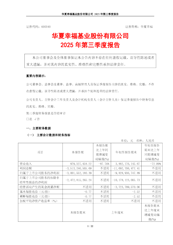 华夏幸福：2025年第三季度报告