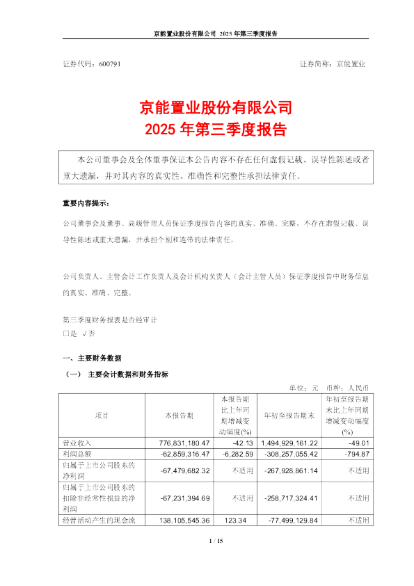 京能置业:京能置业股份有限公司2025年第三季度报告
