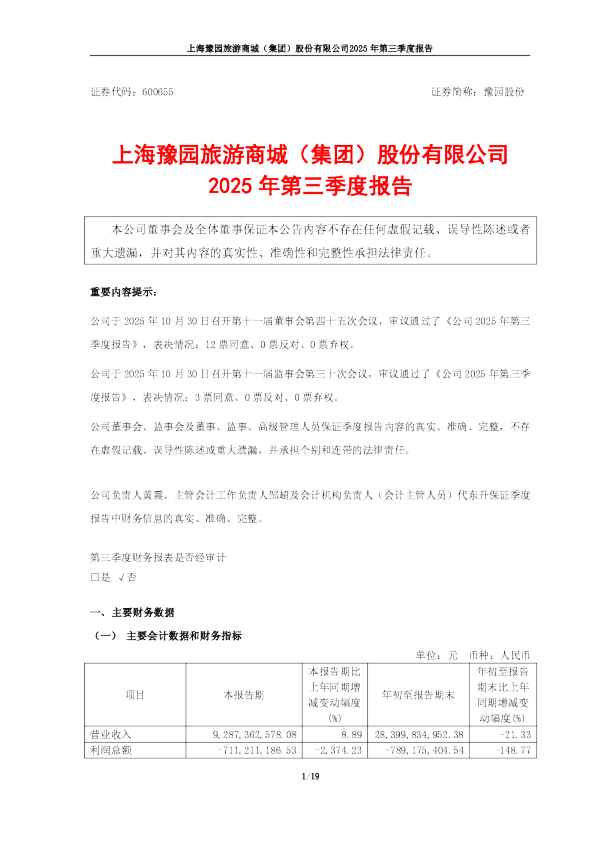豫园股份：2025年第三季度报告