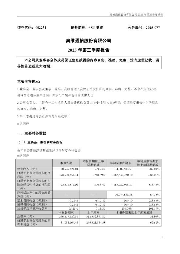 *ST奥维：2025年三季度报告