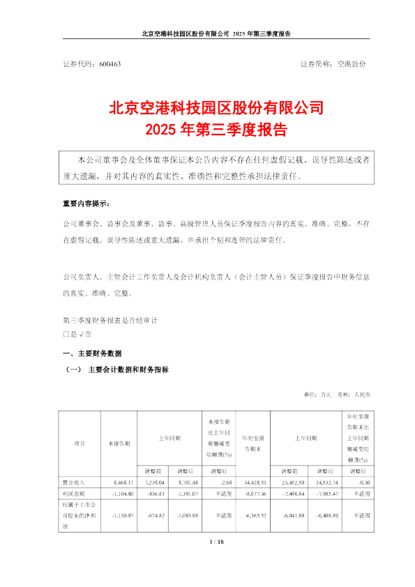 空港股份：空港股份2025年第三季度报告