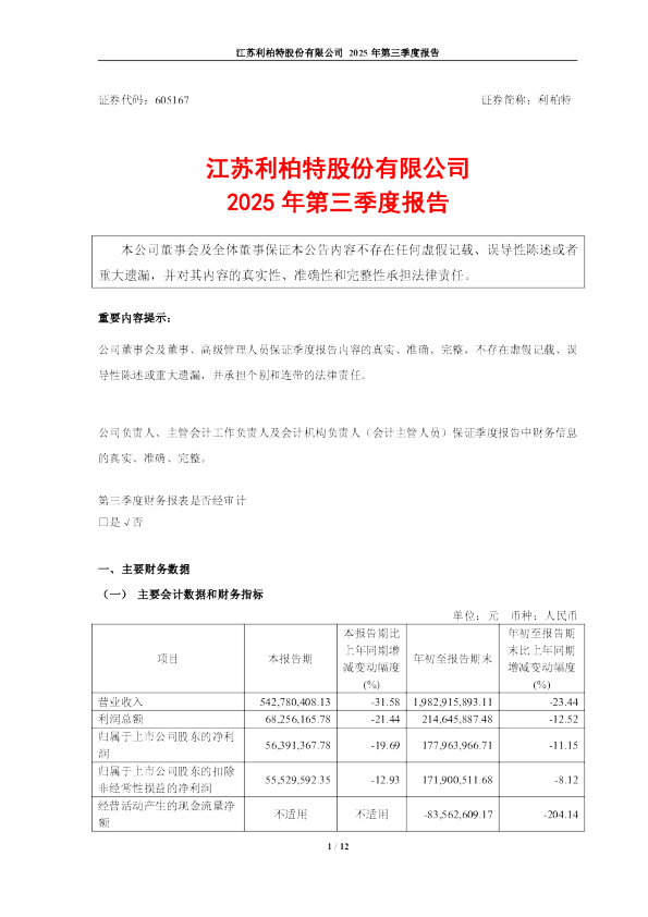 利柏特：2025年第三季度报告