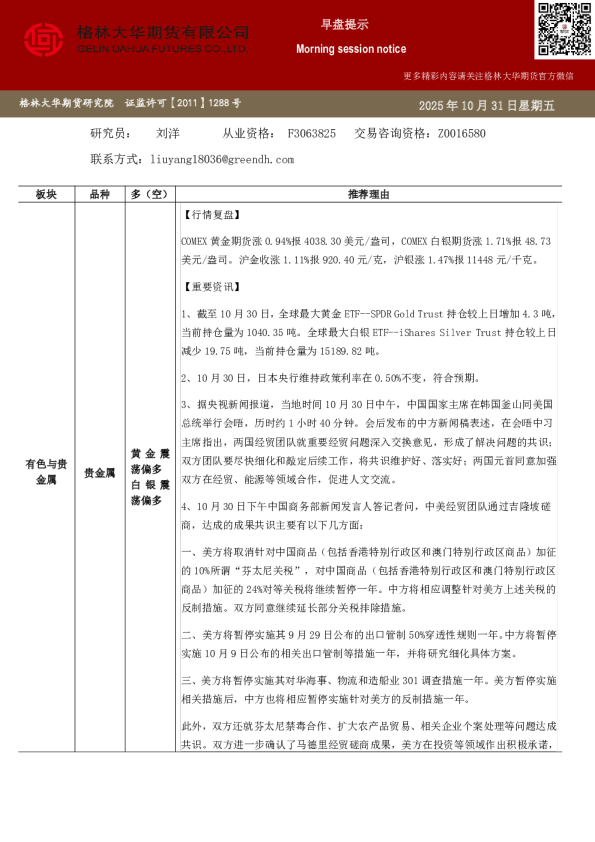 格林大华期市早班车-贵金属（20251031）