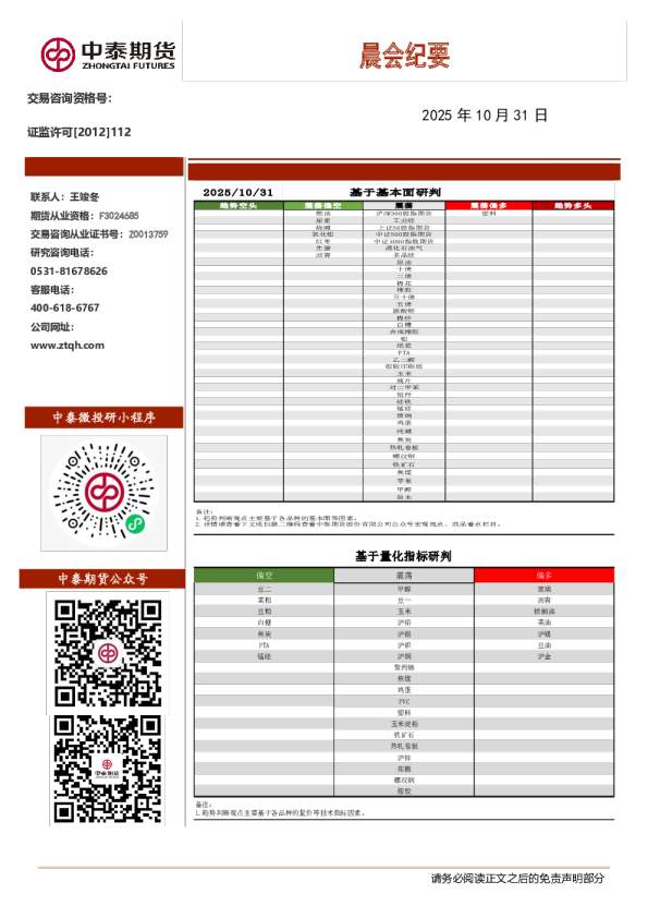 中泰期货晨会纪要