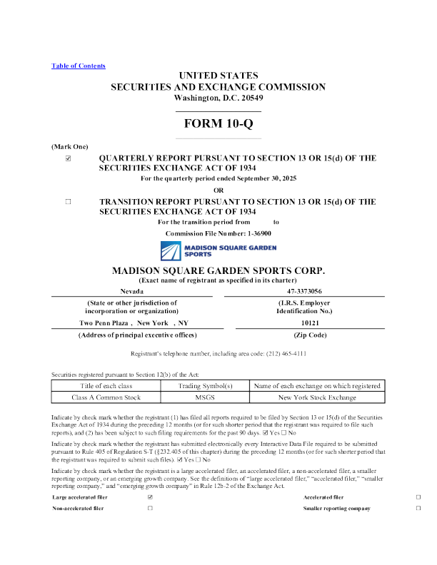 麦迪逊广场花园体育 2025年季度报告