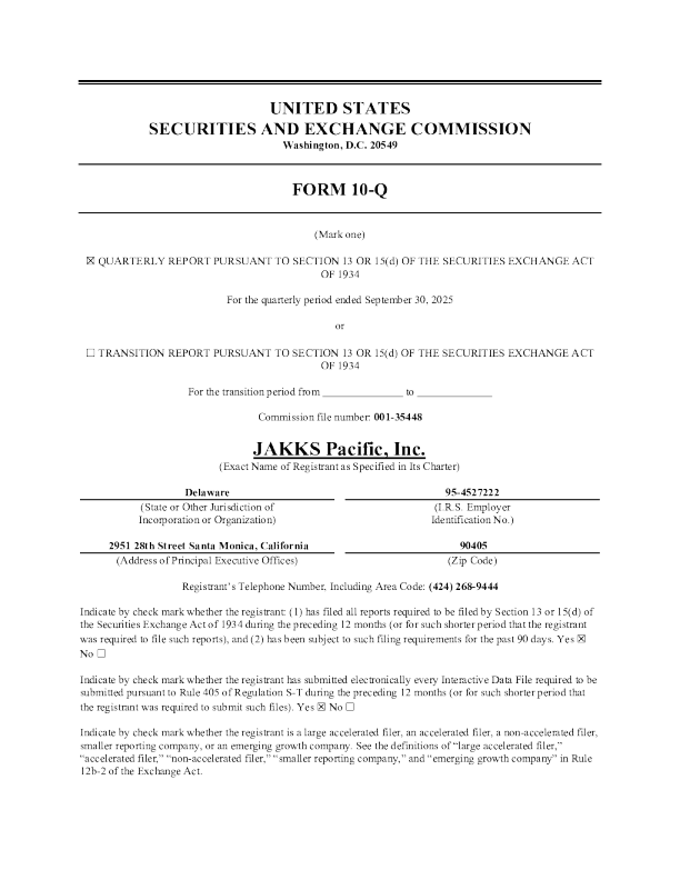 JAKKS Pacific Inc 2025年季度报告