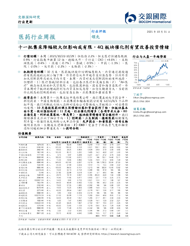 医药行业周报：十一批集采降幅较大但影响或有限，4Q板块催化剂有望改善投资情绪