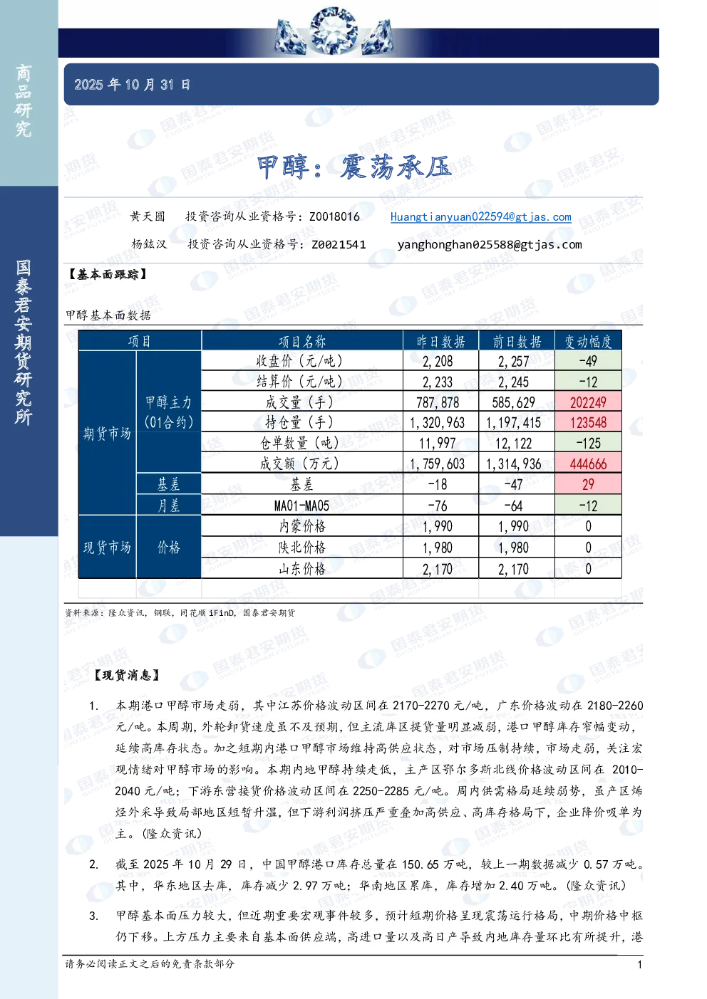 甲醇：震荡承压