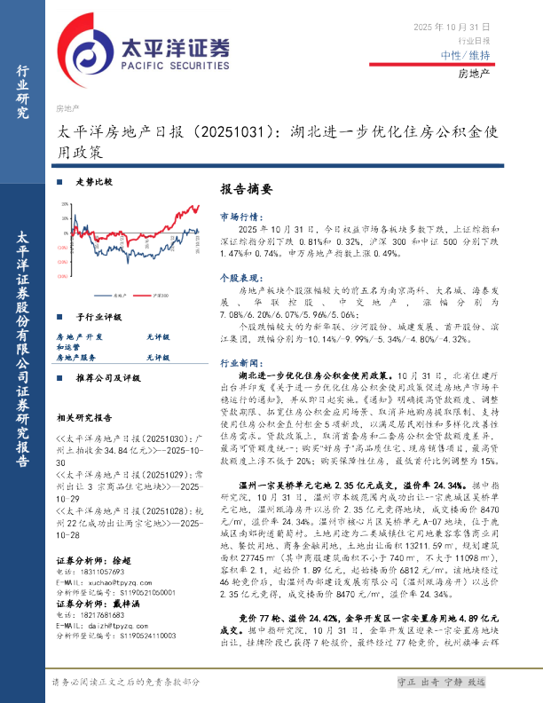 太平洋房地产日报（20251031）：湖北进一步优化住房公积金使用政策