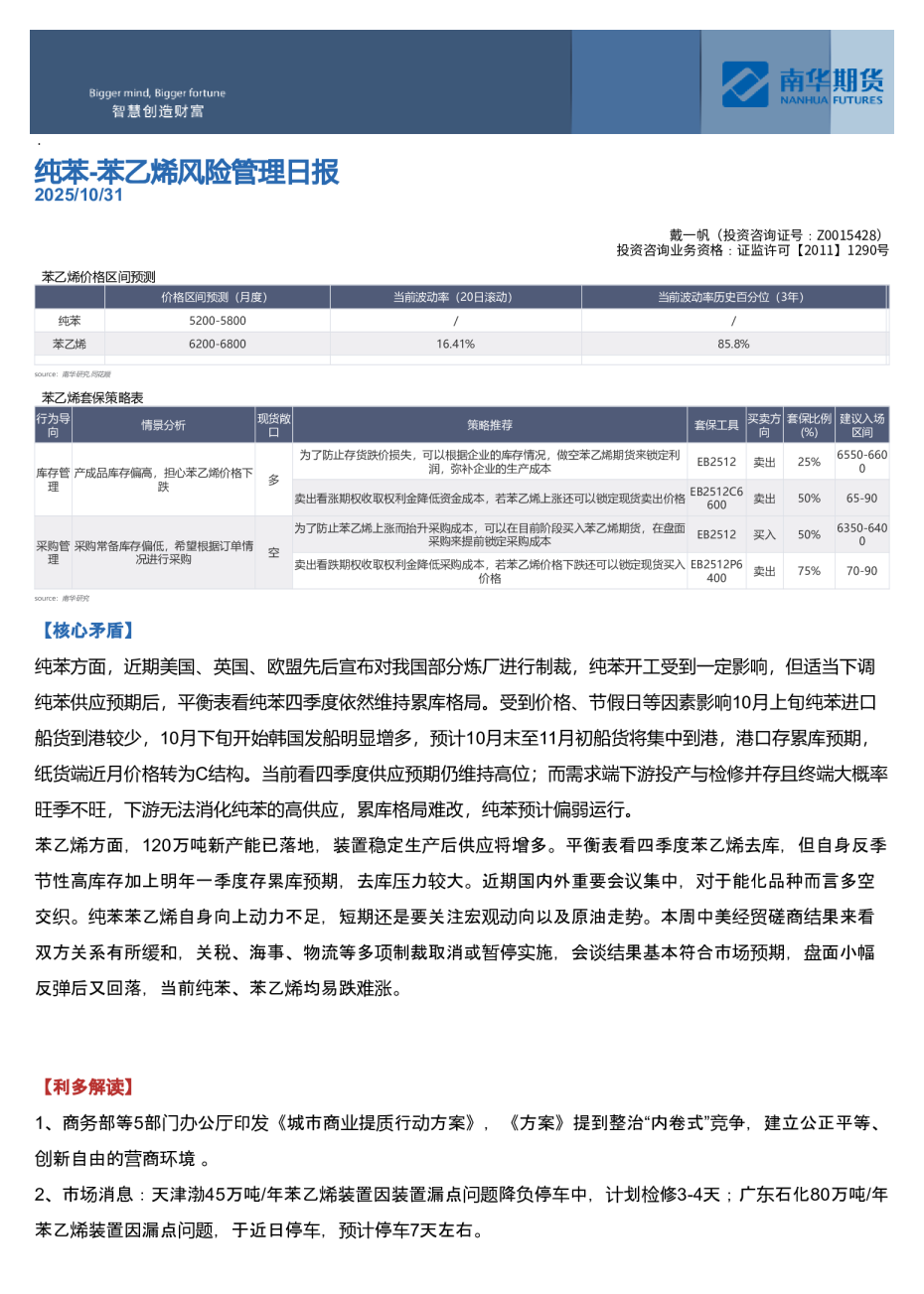 纯苯：苯乙烯风险管理日报