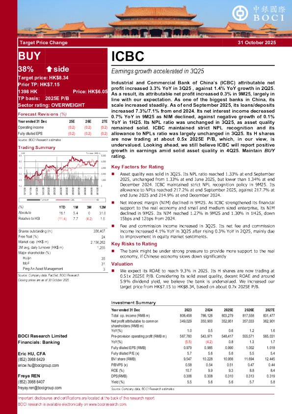 工商银行（1398.HK）：2025年第三季度盈利增长加速