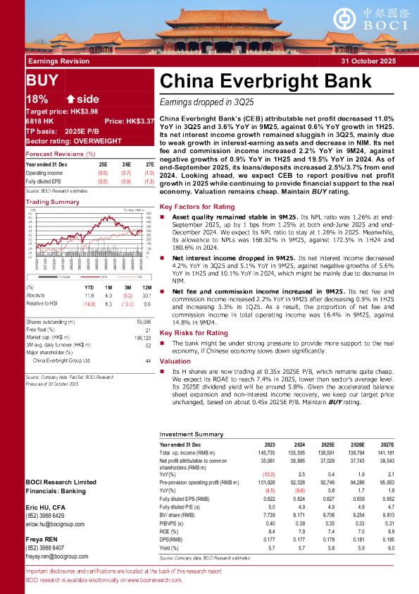 中国光大银行：2025年第三季度盈利下滑