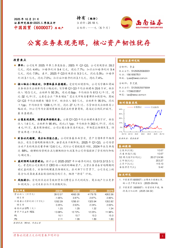 2025三季报点评：公寓业务表现亮眼，核心资产韧性犹存