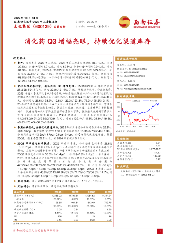 消化药Q3增幅亮眼，持续优化渠道库存
