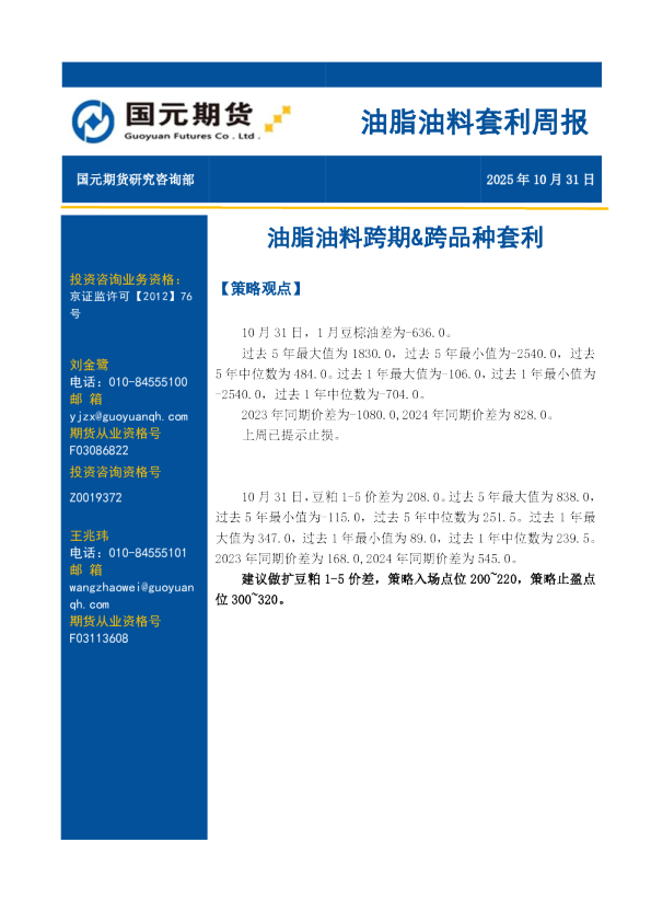 油脂油料套利周报