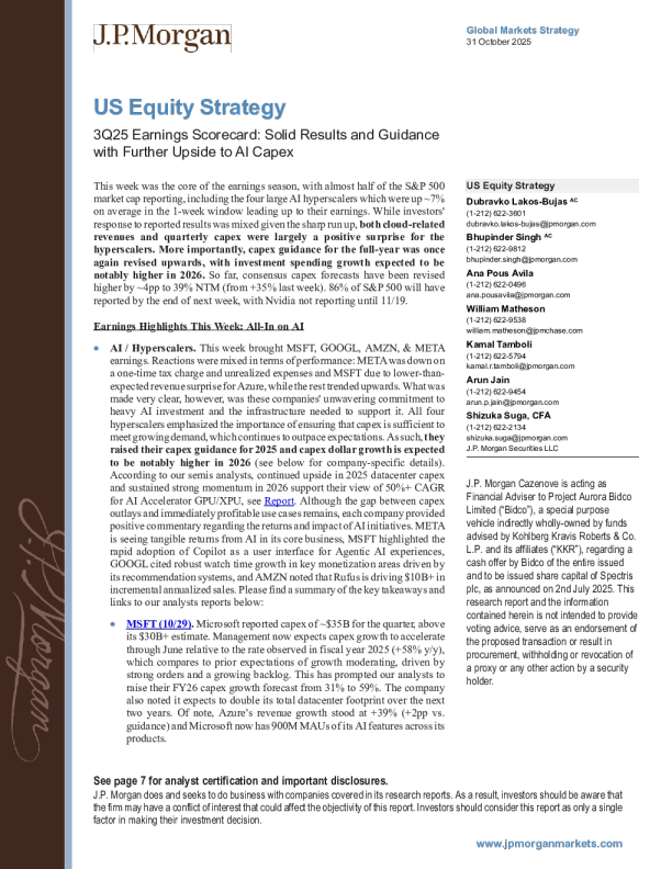 美国股票策略：2025年第三季度财报评分卡：业绩稳健且指引向好，AI资本支出进一步上行