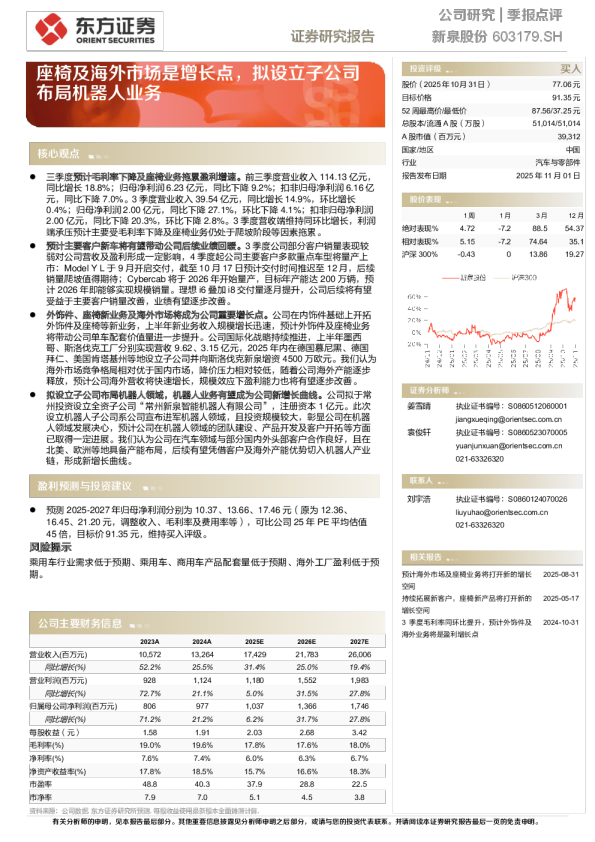座椅及海外市场是增长点，拟设立子公司布局机器人业务