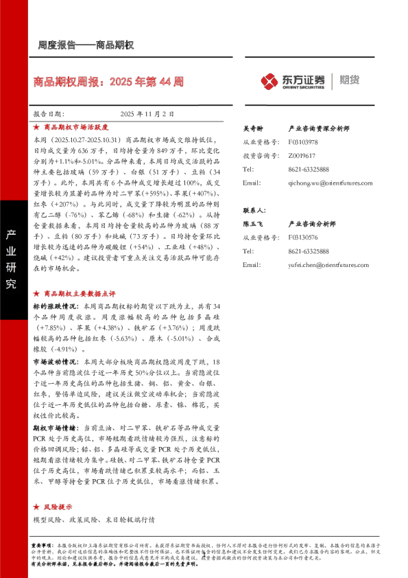 商品期权周报：2025年第44周