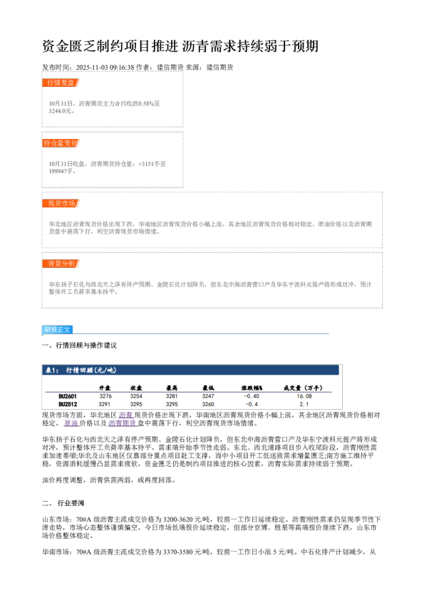 资金匮乏制约项目推进 沥青需求持续弱于预期