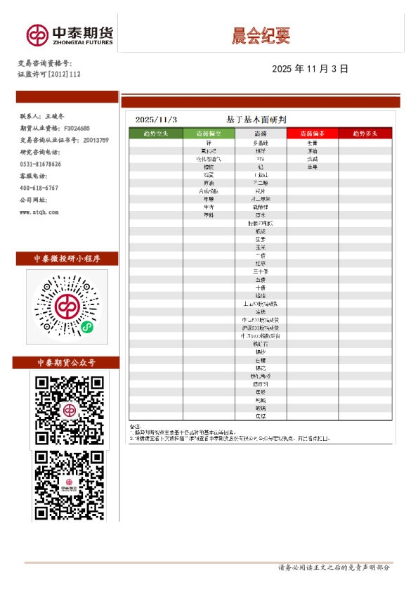 中泰期货晨会纪要