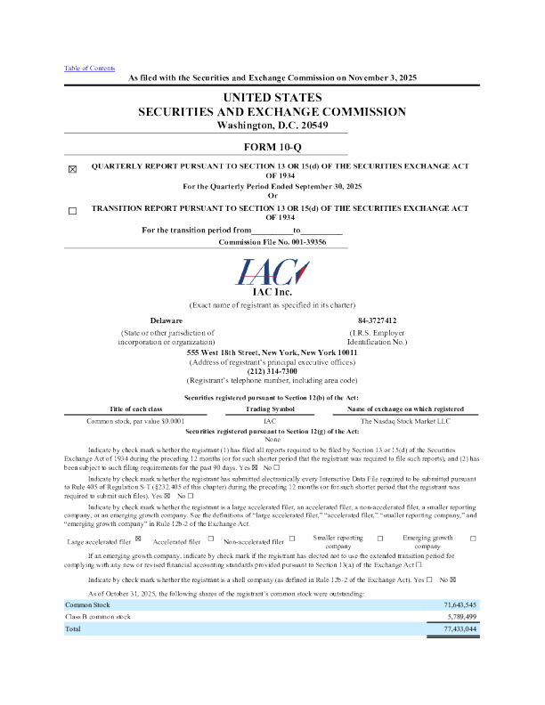 IAC Inc 2025年季度报告