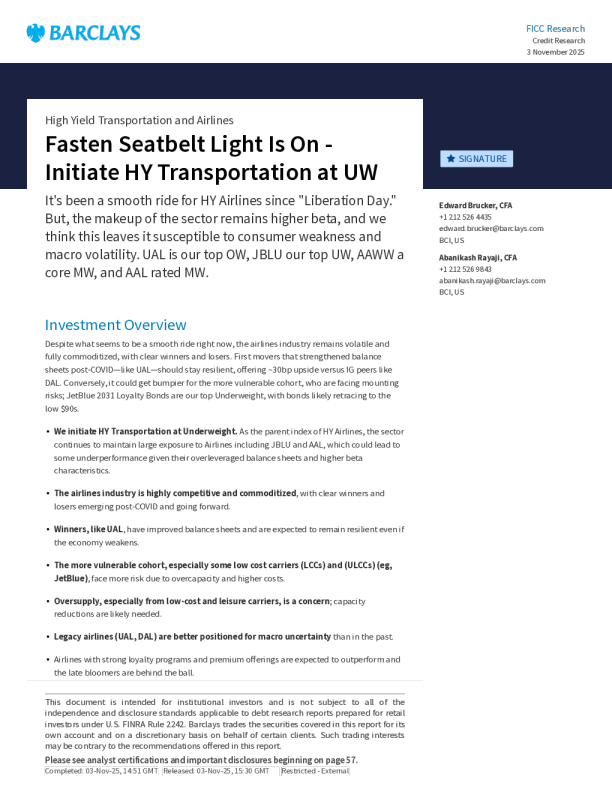 高收益运输与航空行业：系好安全带指示灯亮起——将高收益运输行业评级定为低配