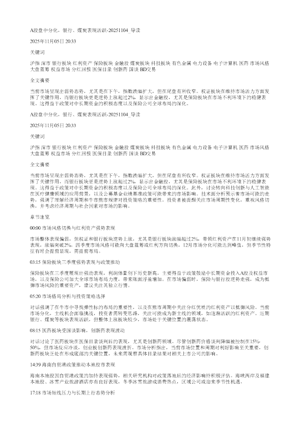 A股盘中分化银行煤炭表现活跃20251104