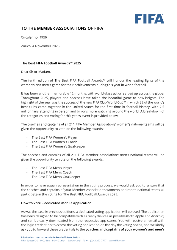 1950年通告_ 2025年最佳国际足联足球奖