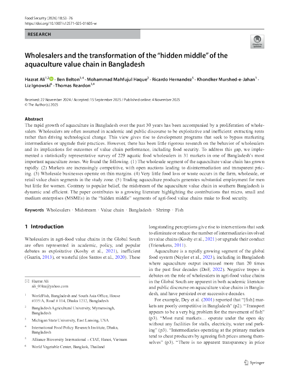 孟加拉国批发商与水产养殖价值链“隐性中间环节”的转型