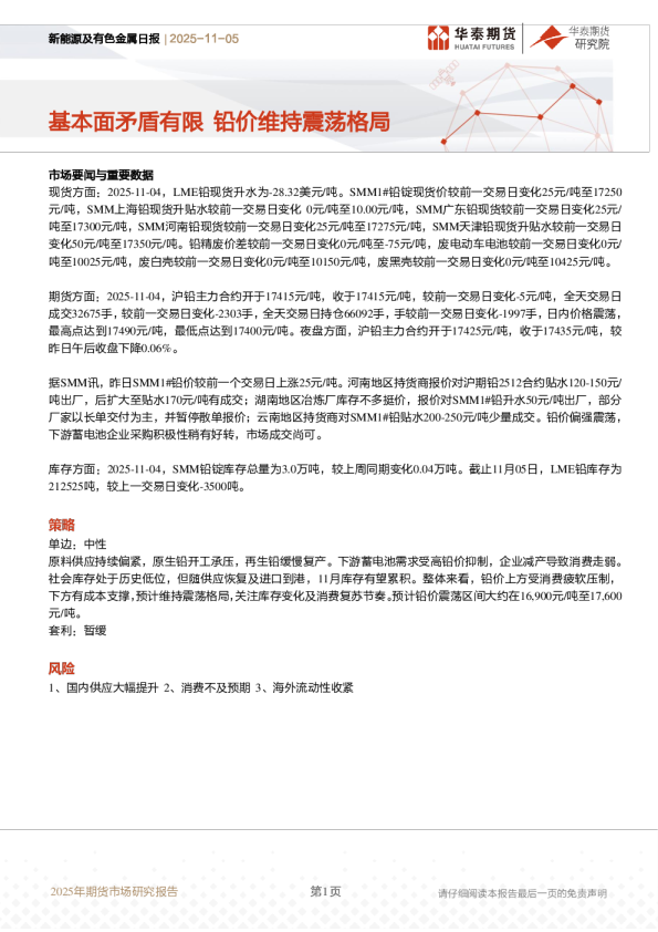 新能源及有色金属日报：基本面矛盾有限 铅价维持震荡格局