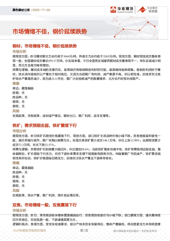 黑色建材日报:市场情绪不佳,钢价延续跌势
